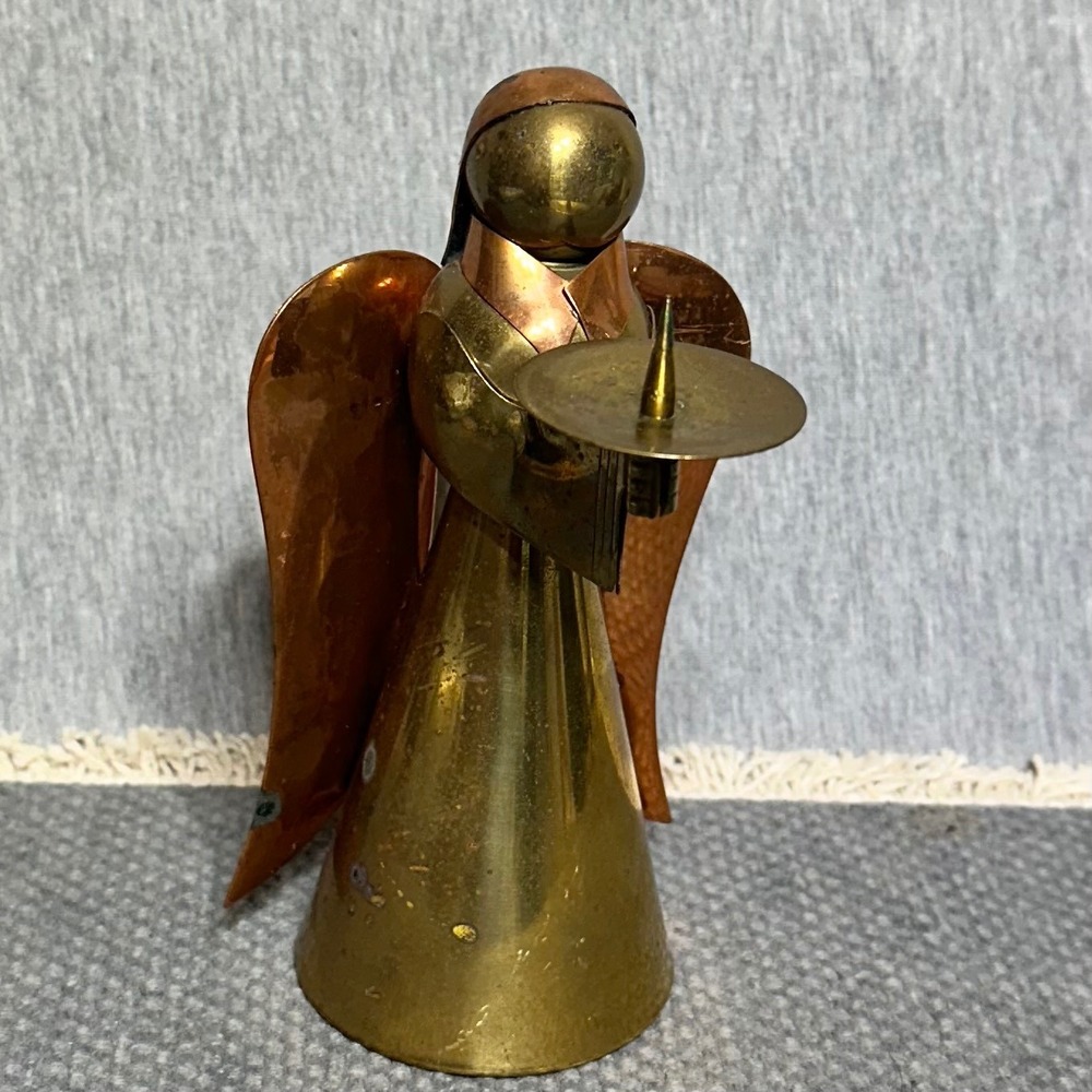 Vtg Patina ADG Contemporary Brass & Copper Angel Candle Holder Made in Hong Kong